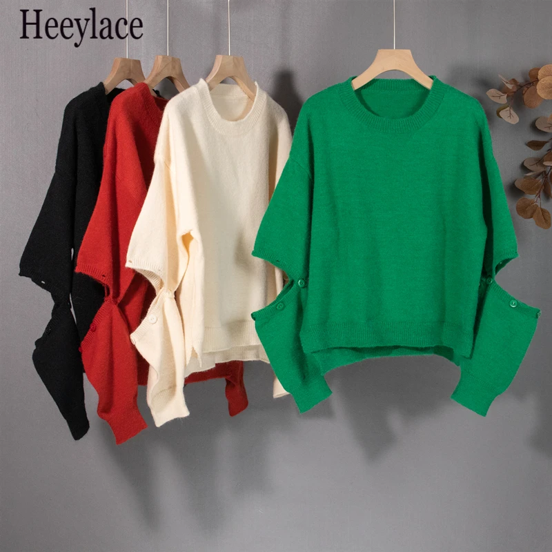 

New 2021 Women Autumn Winter Sweaters Knitted Irregular Wild Warm Oversized Fashionable Cut Out Vintage Tops