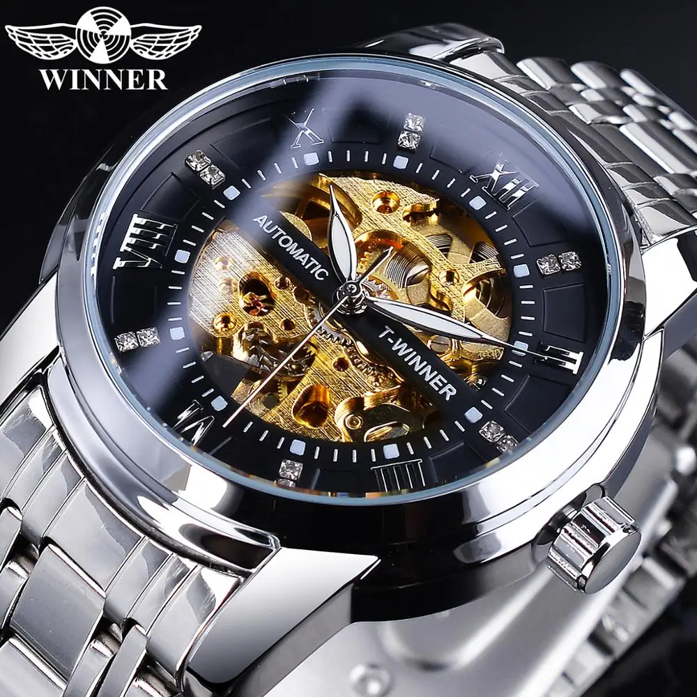Механические часы скелетоны Winner модные золотистые и черные Автоматические