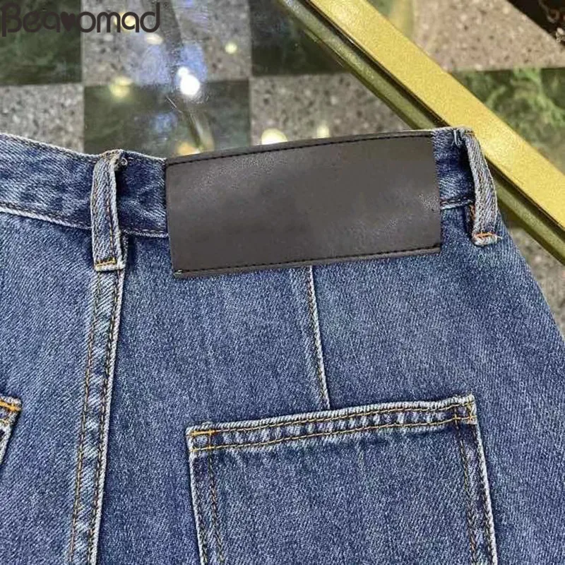 Bearomad Brand Designer 2021 Summer Women Blue Denim Shorts High Waist Moderate Washing Straight Type Bottoms Female Jeans