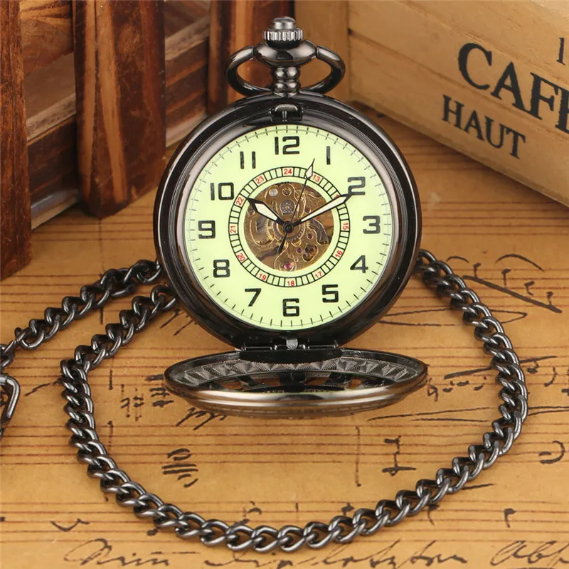 Steampunk Full Black Unisex Handwind Mechanical Pocket Watch Arabic Number Dial Manual Skeleton Clock Pendant Chain Collectable