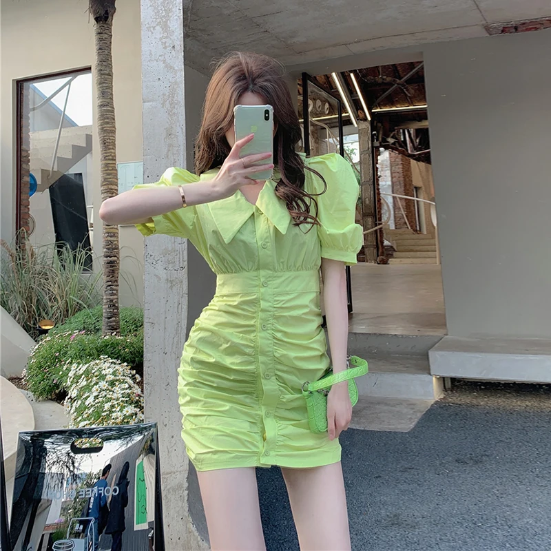 

ZAWAHIKI Vintage Elegant Robe Femme Summer Peter Pan Collar Puff Sleeve Single Breasted Slim Bodycon Dress Sexy Mini Vestidos