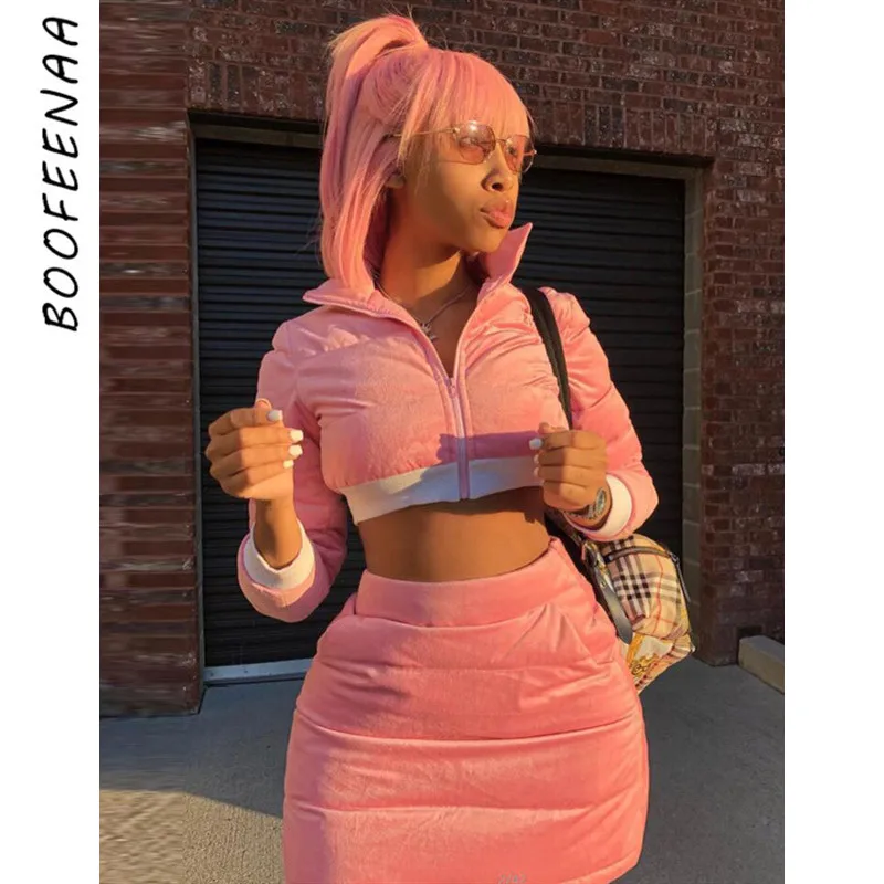 BOOFEENAA/2020 розовая куртка пуховик пальто пузырь комплект из двух предметов с юбкой
