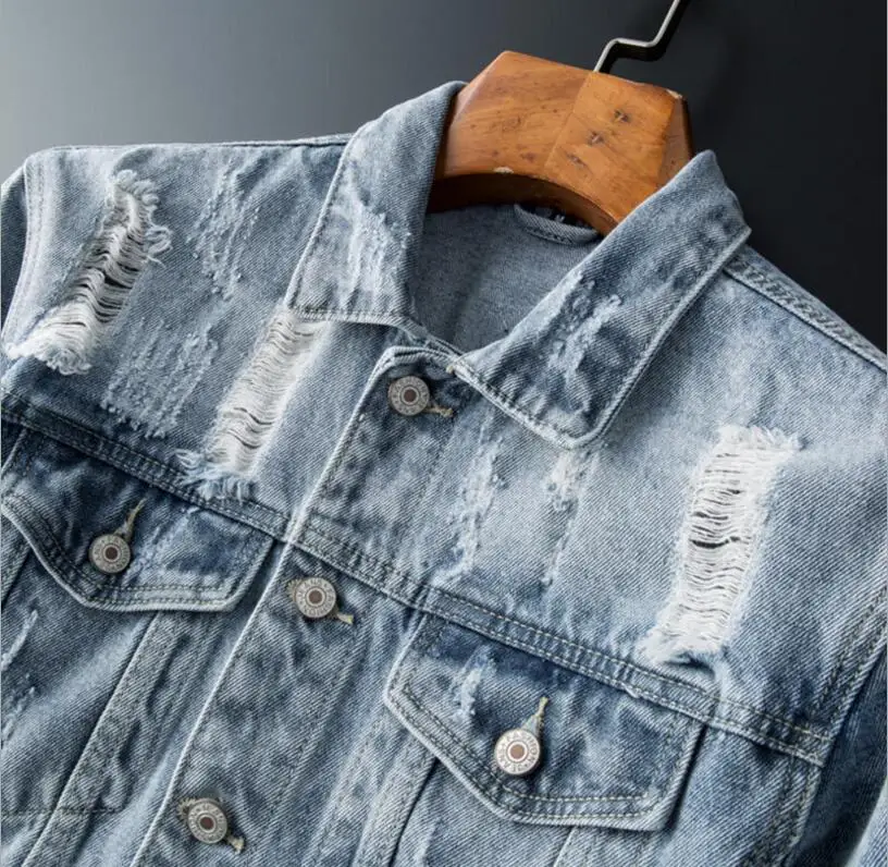 

High Quality Men Blue Denim Jackets And Coats Embroidery Holes Jeans Jackets New Fashion Men Cotton Casual Jackets Size 3XL