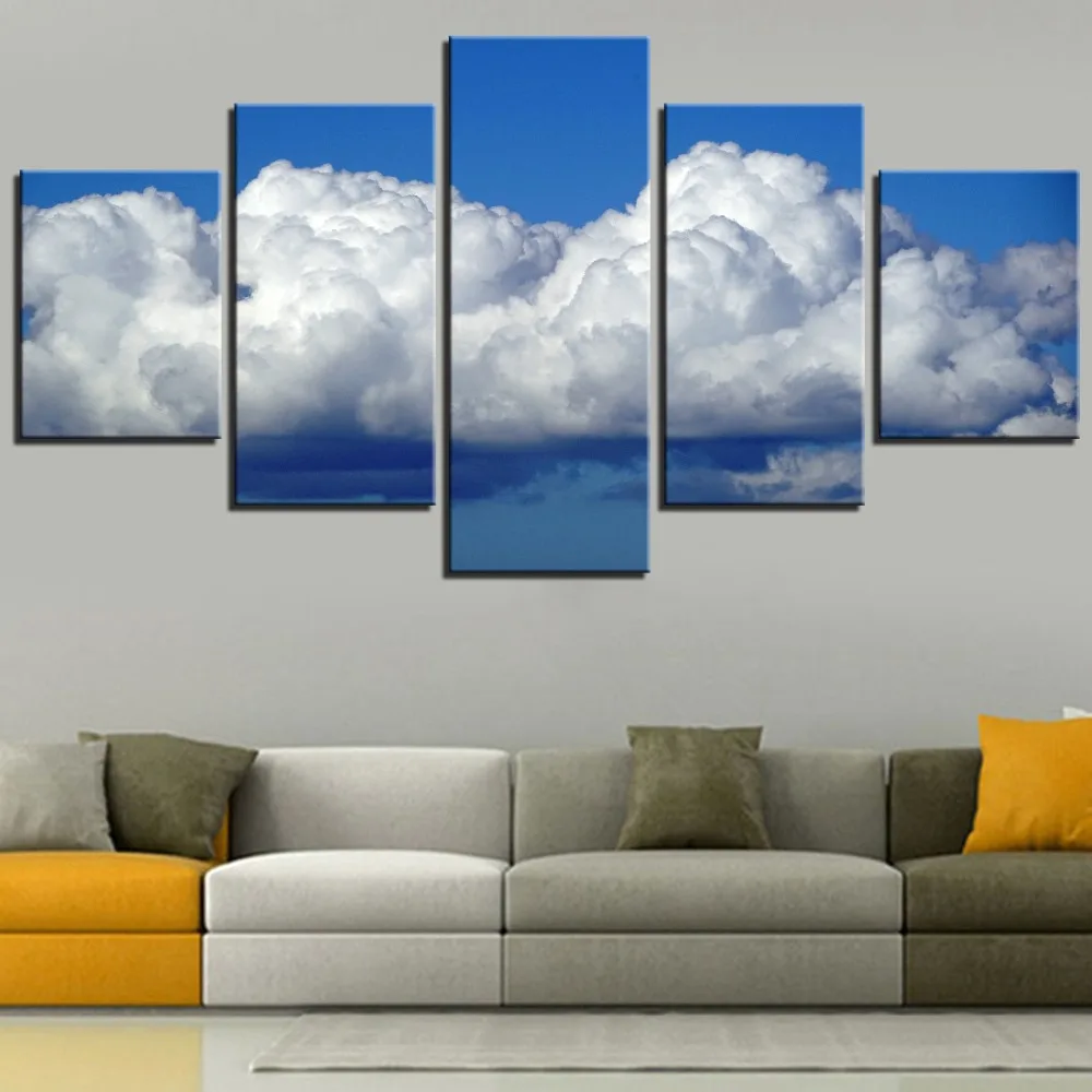 

5 Pieces White Clouds Canvas Wallpapers Blue Sky Painting Fresh Pictures Abstract Posters For Home Bedroom Decor Modern Artwork