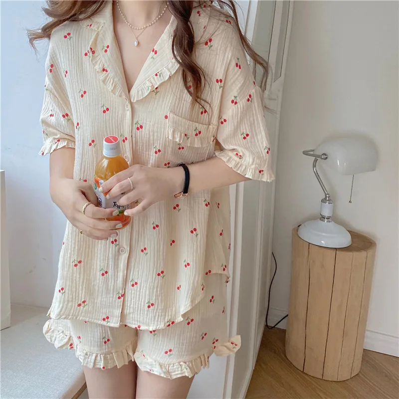 Pajamas Women's 2021 Summer New Product Sweet Soft Cotton Short Sleeve Suit Nightgown Housewear Female Sleepwear Lady Nightwear