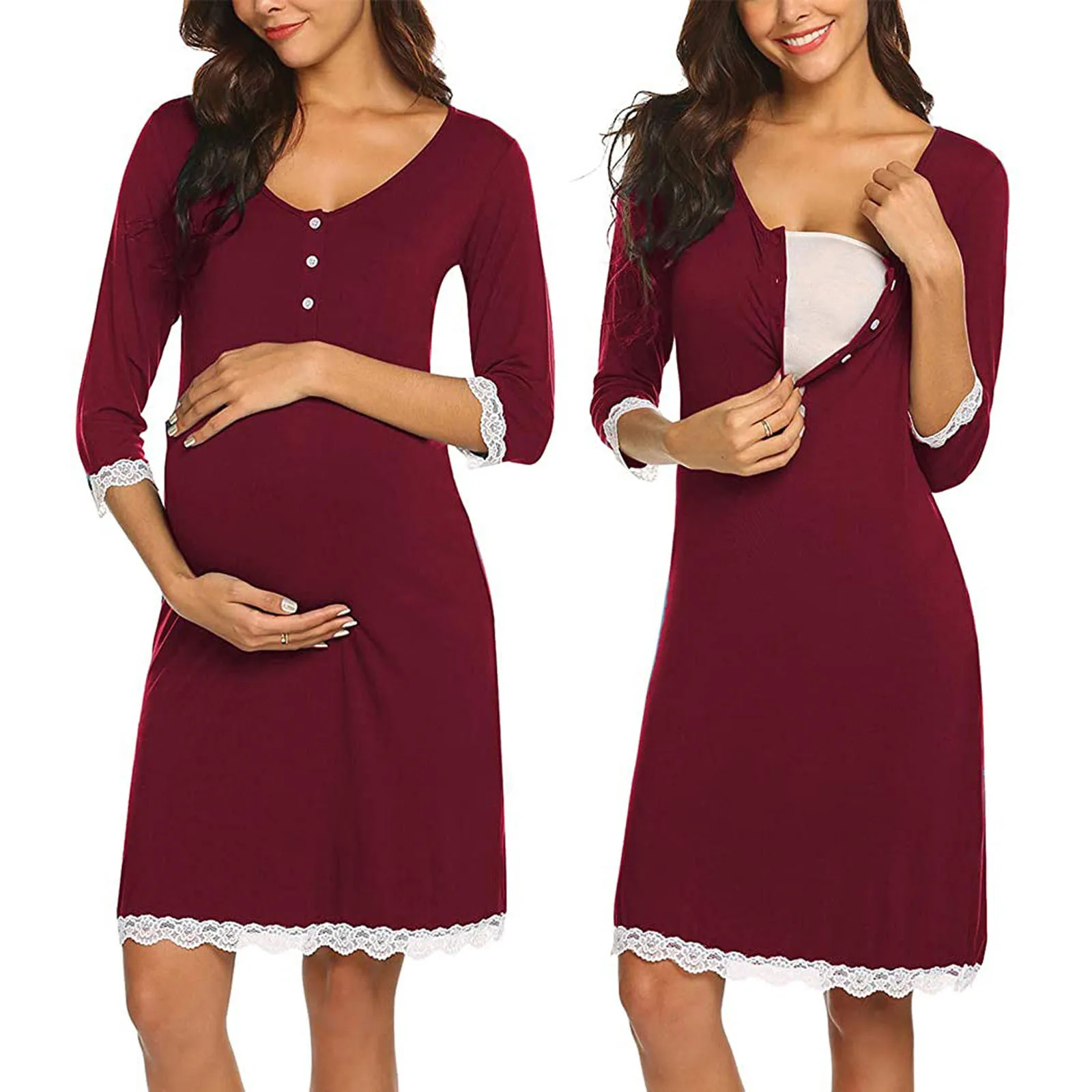 

Summer ladies fashion roupa gravida round neck solid color short-sleeved buttons lace trim casual home maternity breastfeeding F