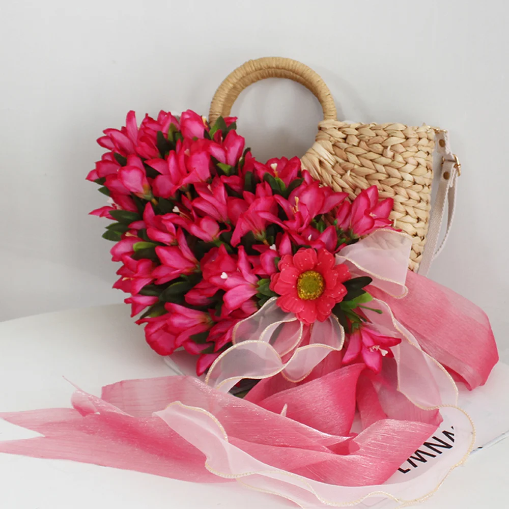 

Womens Lace 3D Flowers Decor DIY Drawstring Clutch Handbag+Hat Bag Tote Sunscreen Hat Beach Holiday Summer New 5Colors
