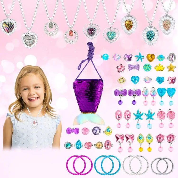 

62Pcs Jewelry Accessories Princess Jewelry Pretend Dress Up Necklaces Rings Earrings Jewelry Sets for a Beautiful Girls