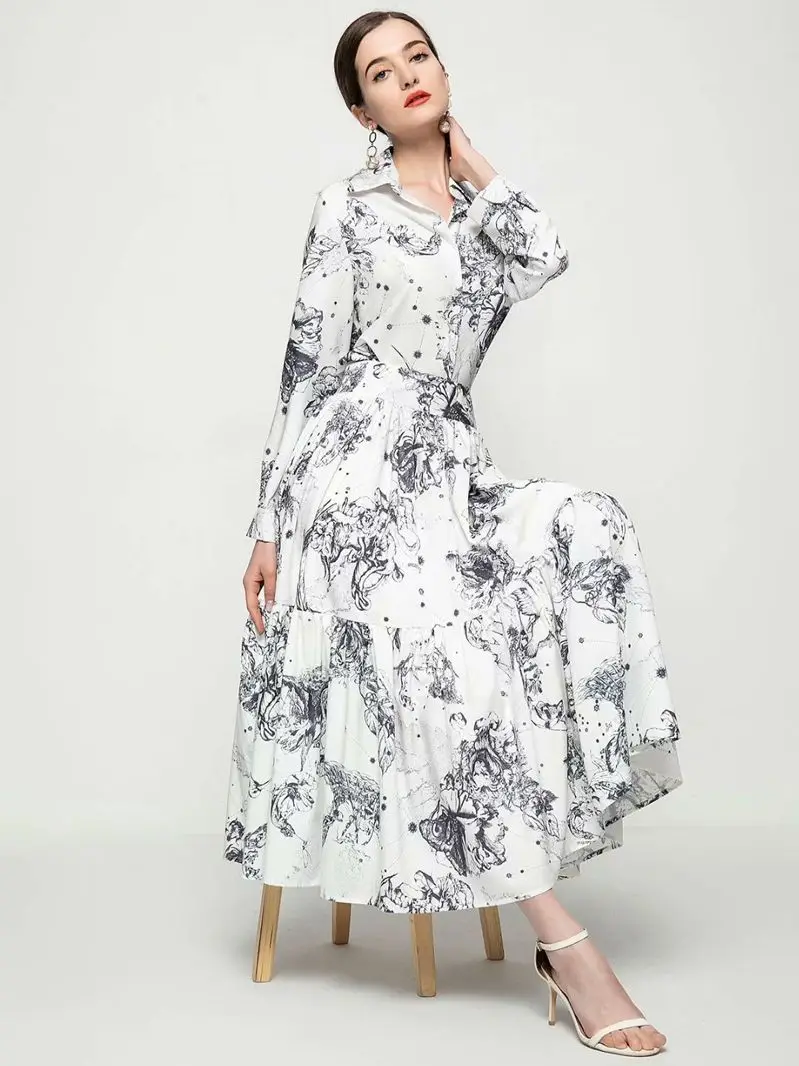 Spring 2021 new women's gray floral print long-sleeved lapel shirt Blouse +Long skirt women clothes female