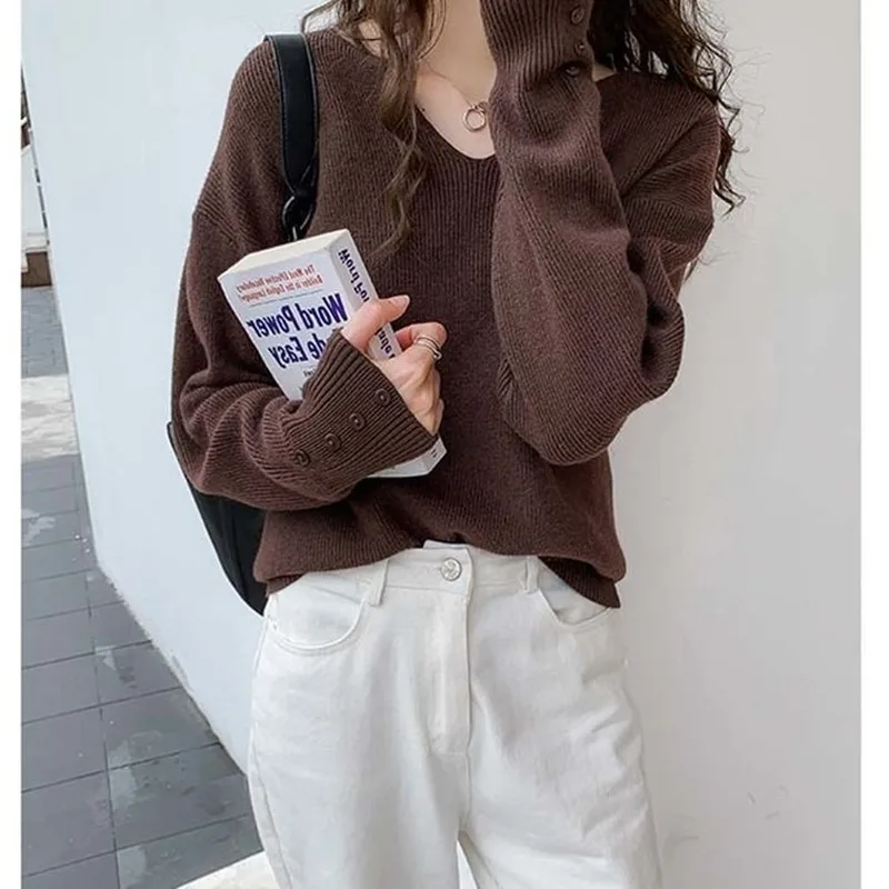 2022 Spring V-neck Female Pullover Sweaters Autumn Winter Full Sleeve Loose Women Knitted Jumpers Casual Elegant Lady Knitwear | Женская