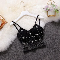 2021 summer new crop tops sexy beaded spaghetti strap tanke top off shoulder sleeveless solid color women vest black white
