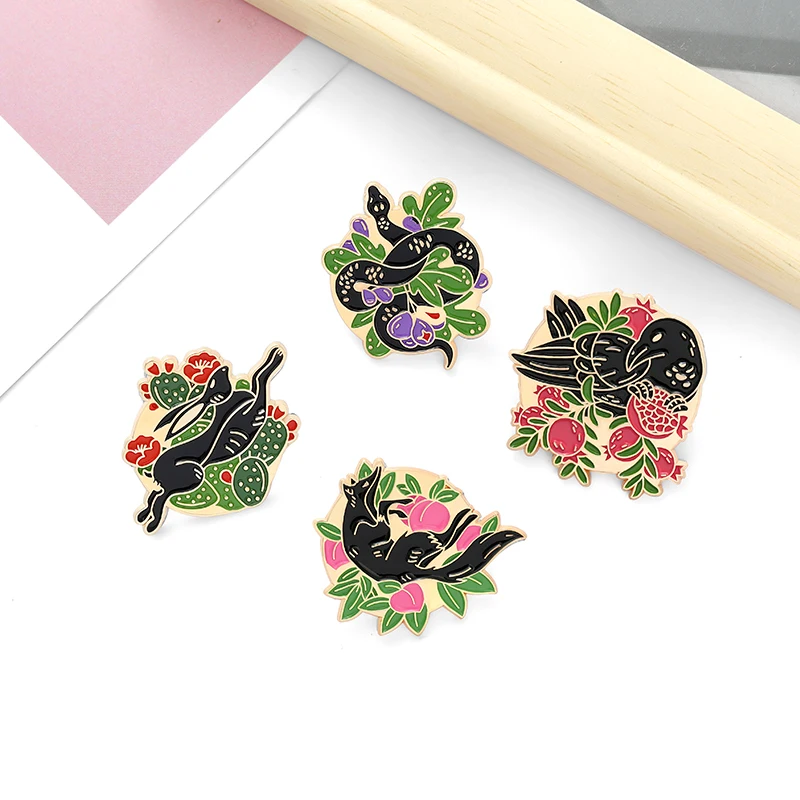 

QIHE Jewelry Animal Totem Symbol Enamel Pins Snake Rabbit Crow Fox Brooches Clothes Bag Badges Ethnic Style Gifts for Friends