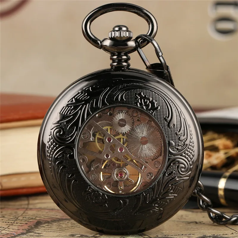 Antique Pendant Watches Roman Numbers Transparent Men Women Mechanical Hand Wind Pocket Watch Fob Pendant Chain Luminous Hands