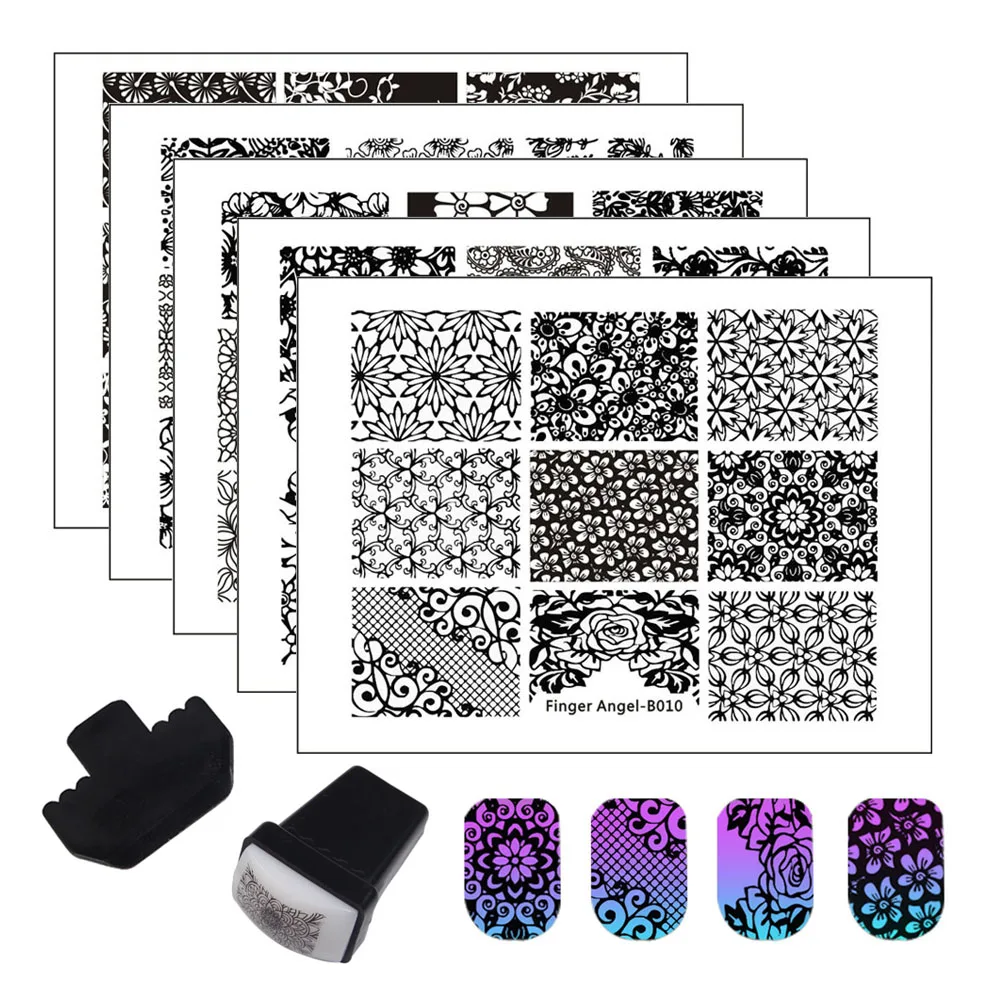 10 шт. штамповочных пластин для ногтей + 1 силиконовые штампы шаблоны изображения