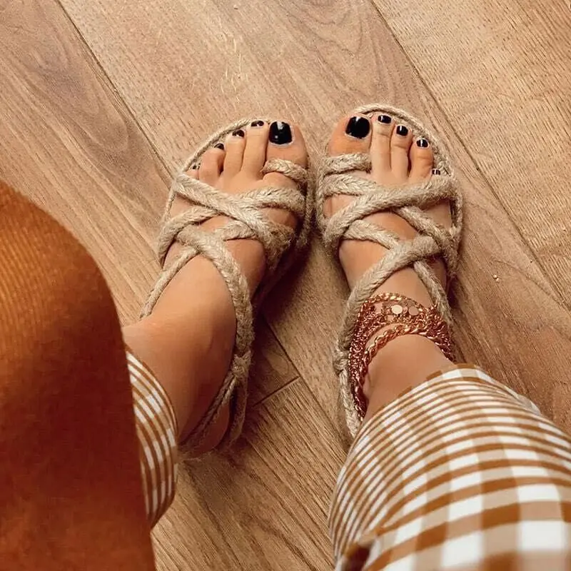 

2021 Ladies Sandals Round Toe Slip-On Woven Rope Knots Beach Casual Roman Shoes Braided Knots Casual Beach Sandalias Mujer