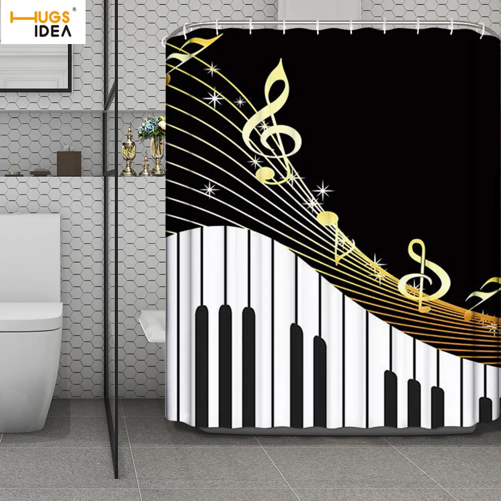 

HUGSIDEA Piano Keyboard Shower Curtain Washable Waterproof Polyester Curtain Art Music Notes Print Bathroom Decoration Curtain