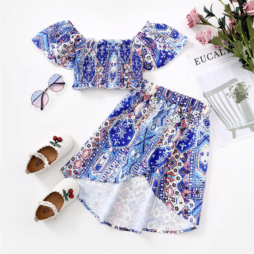 

Summer Kids Baby Girls Short Sleeve Print Tops T-shirts Asymmetry Skirts Toddler Children Bohemia Clothes Sets 2pcs 2-6Y