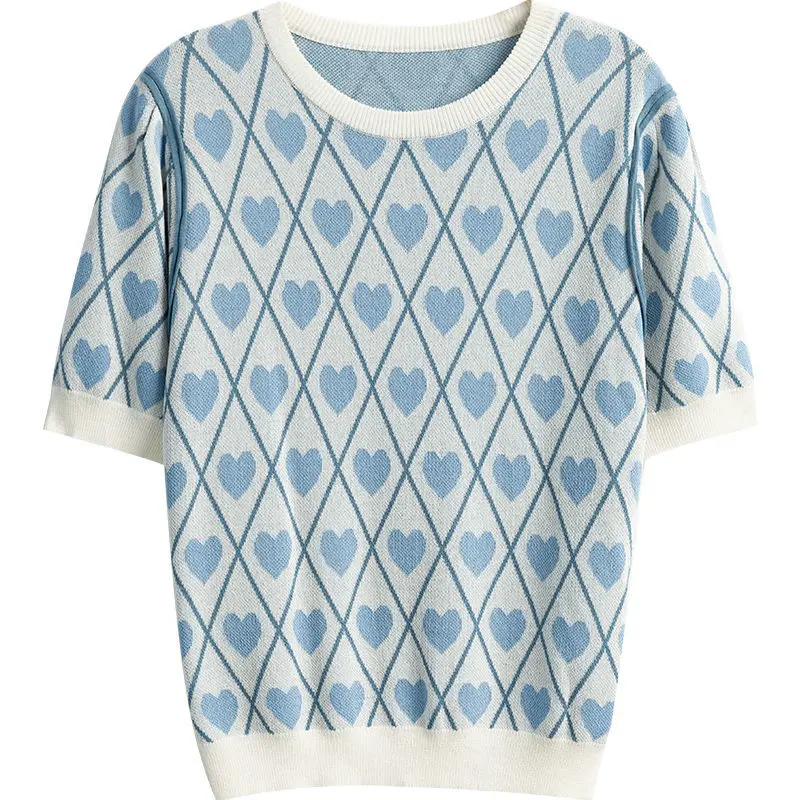 

Ladies spring and summer new round neck short sleeve sweater loose love t-shirt