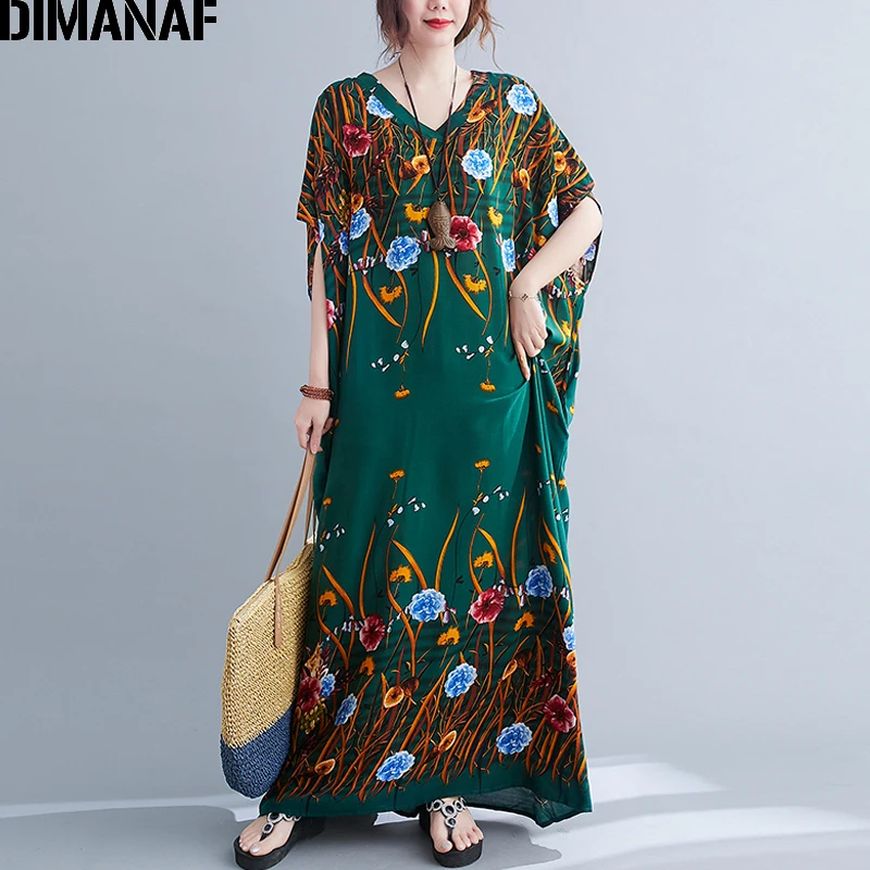 

DIMANAF 2021 Oversize Summer Dress Women Lady Vestidos Sundress Bohemian Flowers Print Long Dress Oversize Loose Casual 5XL 6XL