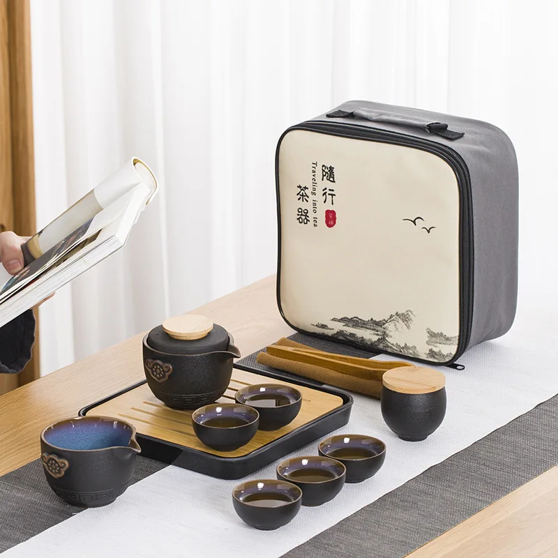 

Black Pottery Convenient Tea Cup Set One Pot Four Cups Travel Kung Fu Tea Set Set Teapot Convenient Storage Bag Outdoor
