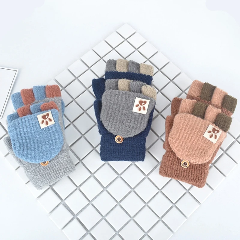 

Kids Baby Winter Knit Patchwork Convertible Fingerless Gloves with Mitten Cover T5UF