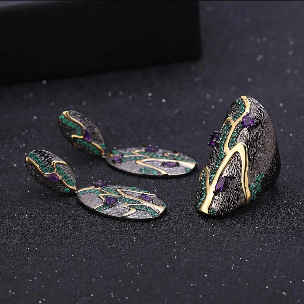 

CMajor 925 Sterling Silver Fine Jewelry Vintage Italian Handmade Personality Amethyst Natural Stone Dangle Earrings for Women