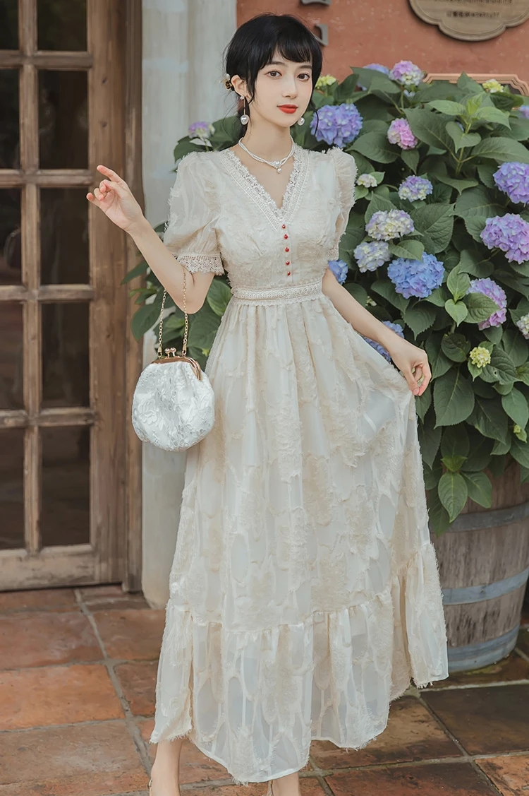 

COIGARSAM French Style Fashion Women dress Vintage Short Sleeve Lace Apricot Dresses