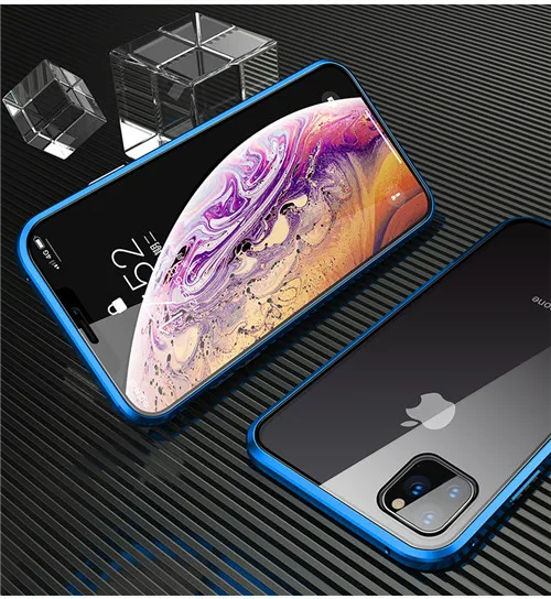 Синий 360 Полный Магнитный чехол для телефона iPhone 11 Pro 11 Pro MAX металлический бампер для iPhone XS XR XS MAX 8 7 6 6S Plus стеклянный чехол - Цвет: Синий