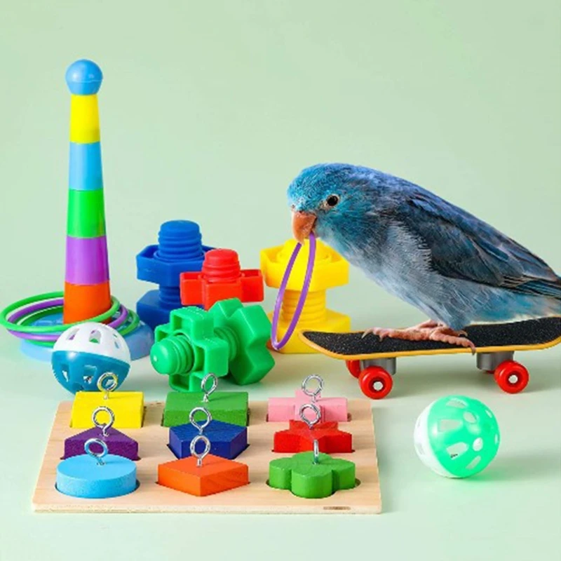 9Pcs Bird Training Toys Set Parrot Wooden Block Puzzle Toy Stacking Color Ring Skateboard Nuts Bolts Foot Ball Toys Foraging Toy