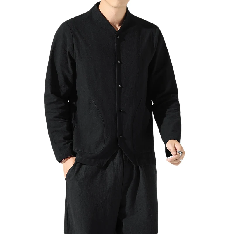 

Chinese Style Autumn Long Sleeve Shirt Loose Cotton Linen Buttoned Clothes Men Clothing Ethnic Shirts Casual Black Tops Male