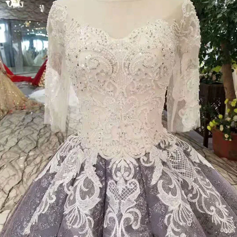 LSS383 grey women occasion dress ball gown o-neck long sleeve curve shape prom dress pleat skirt lace up back dress brush train