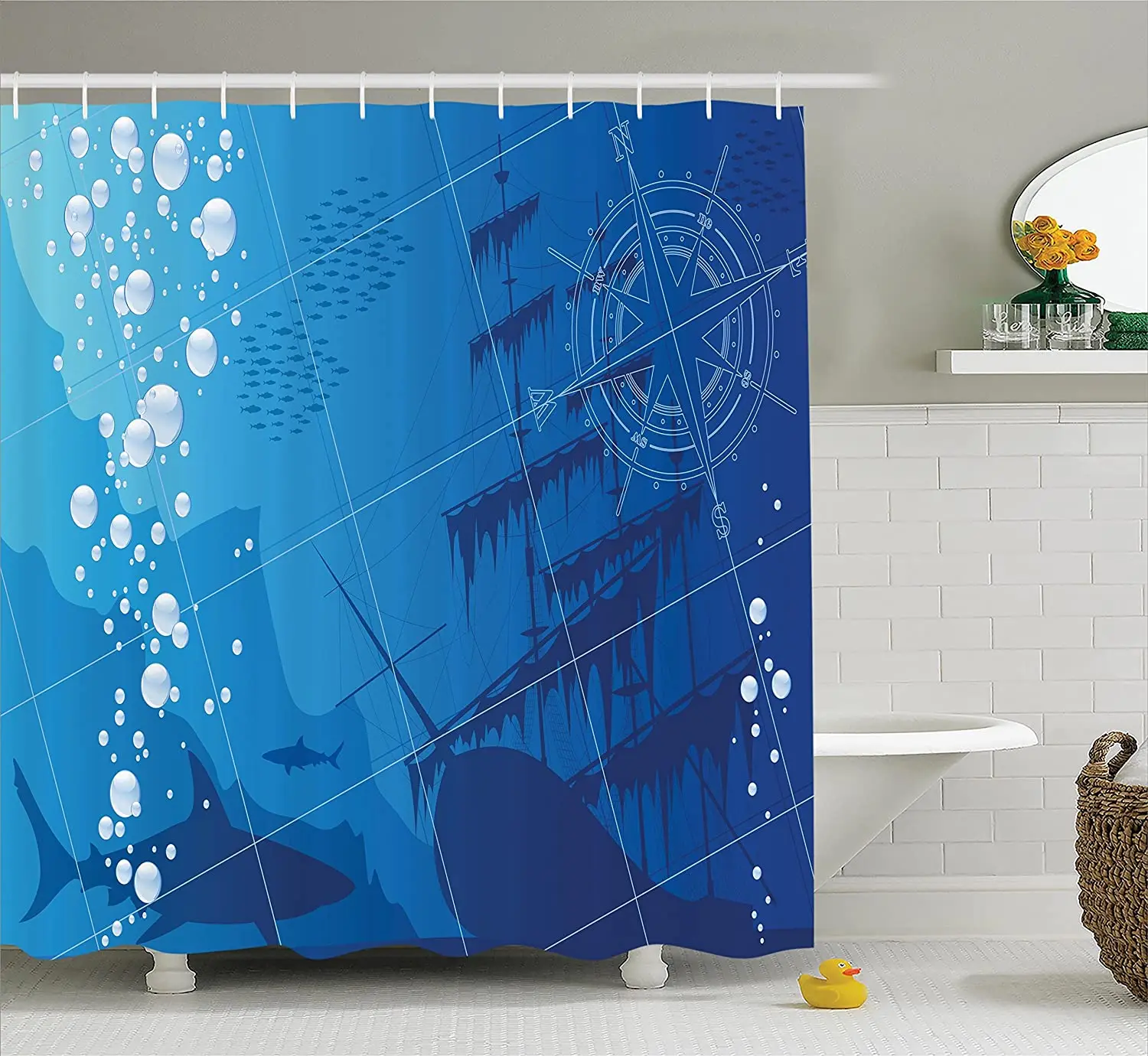 

Nautical Decor Shower Curtain Underwater with Sharks Wall Decoration Hanging Curtains
