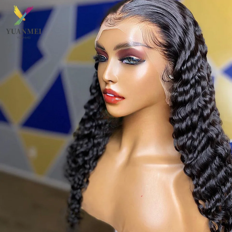 YUANMEI Deep Wave Frontal Wigs For Women Brazilian 30 Inch T Part Lace Front Human Hair Wig Pre Plucked Deep Curly Closure Wig
