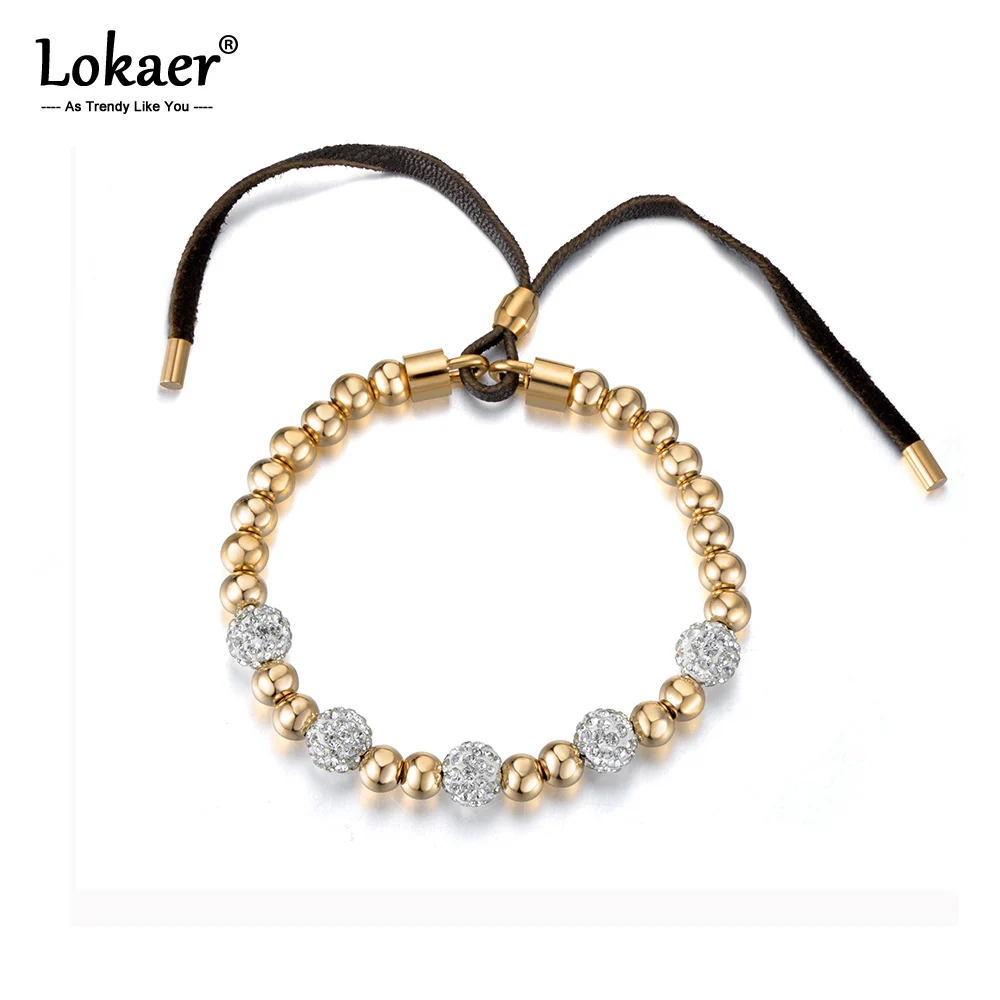 Lokaer новые золотые круглые бусины, стразы, браслеты из нержавеющей стали, регулируемый браслет для женщин B18024