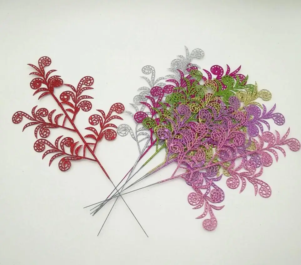 

20pcs 39cm 5 head Artificial Glitter Phoenix Leaf Branch For Flower Arrangement Wedding Christmas Party Home Garden Decoration