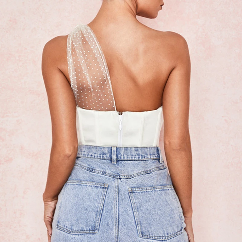 Рубашка женская на одно плечо пикантная модная укороченная одежда сетчатая