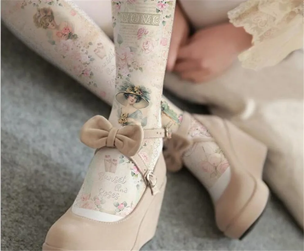 80D женские милые колготки Harajuku Lolita бархатные шелковые чулки с цветочным принтом