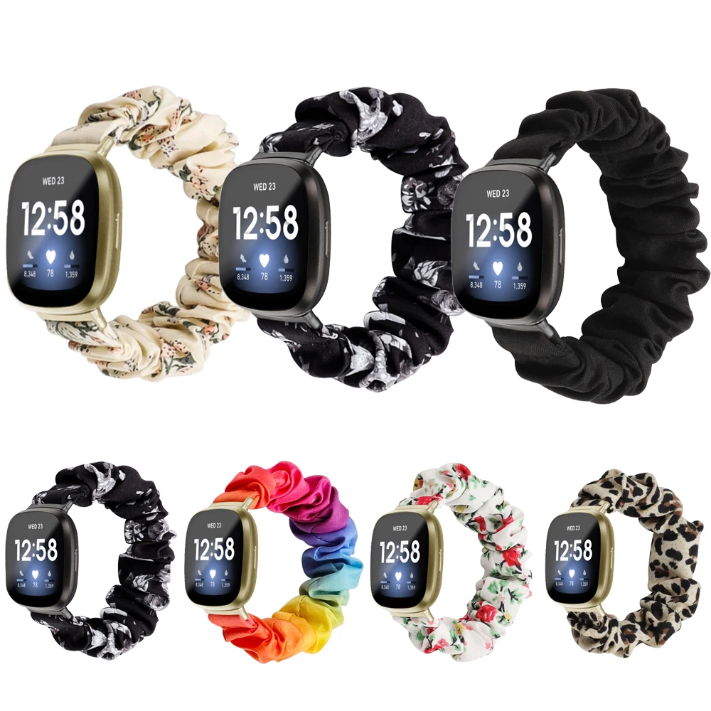 

Elastic Fabric for Fitbit Sense Band Rainbow Flower Leopard Scrunchies Smart Watch Strap for Fitbit Versa 3 For Women Girl