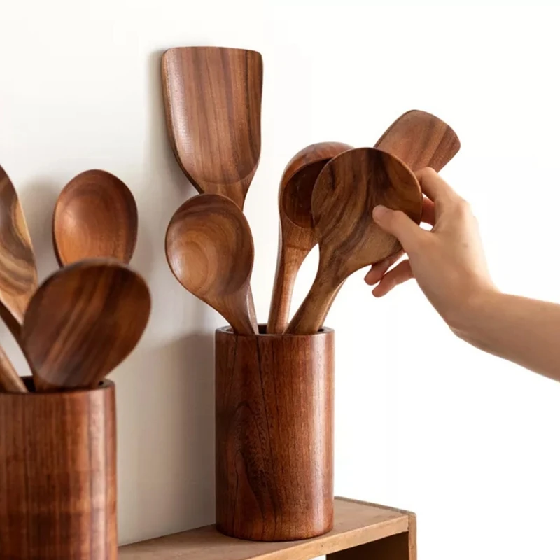 

Utensils Teak Wood Kitchen Cooking Utensils Set With Holder for stick Cookware Dropshipping