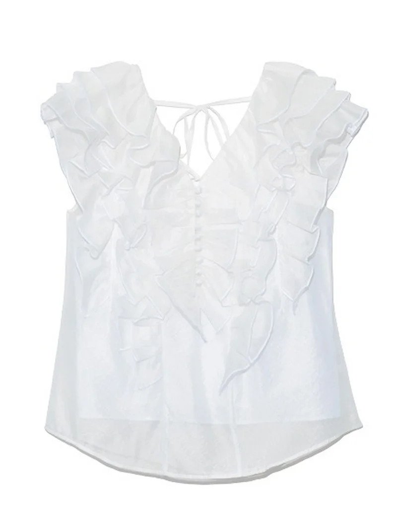 

2021 V Neck Sleeveless Shoulder Strapless Blouse Women Ruffles Patchwork Solid Ol Blusas Summer New Open Back Lace Up Shirt