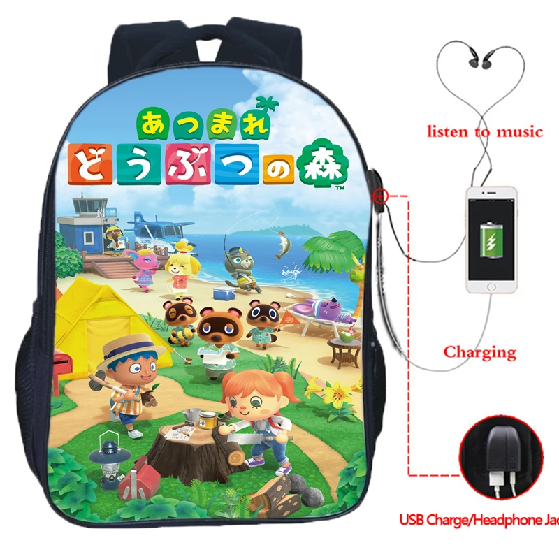 

New Animal Crossing Print Schoolbag Boy Girl Kids Cartoon Anime Travel Backpack Male/female USB Double Layer Laptop Backpack