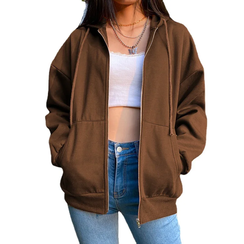 Autumn Fleece Hoodie Solid Color Hooded Korean Fashion Sweatshirts Long Sleeve Top Drawstring Pockets Loose Zipper Black Hoodies | Женская