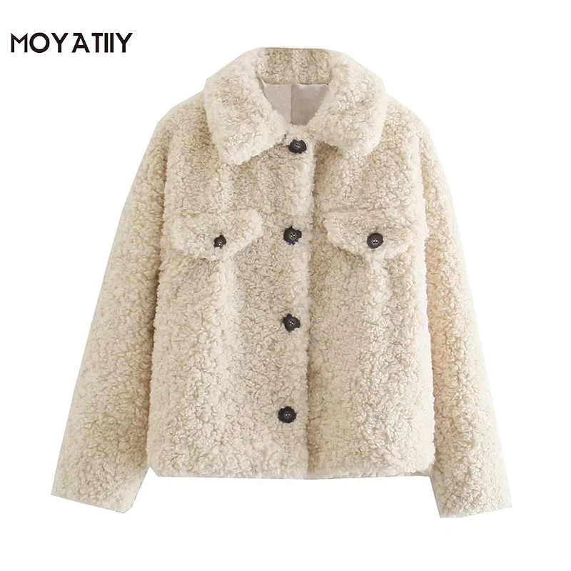 

MOYATIIY Women 2021 Fashion Thick Warm Winter Coats Vintage Faux Fur Fluff Overcoats Long Sleeve Female Tops Outwear