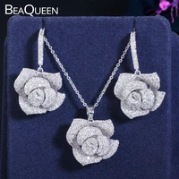 beaqueen beautiful rose flower drop dangle earrings micro pave cubic zircon women wedding jewelry set for bridesmaids js044