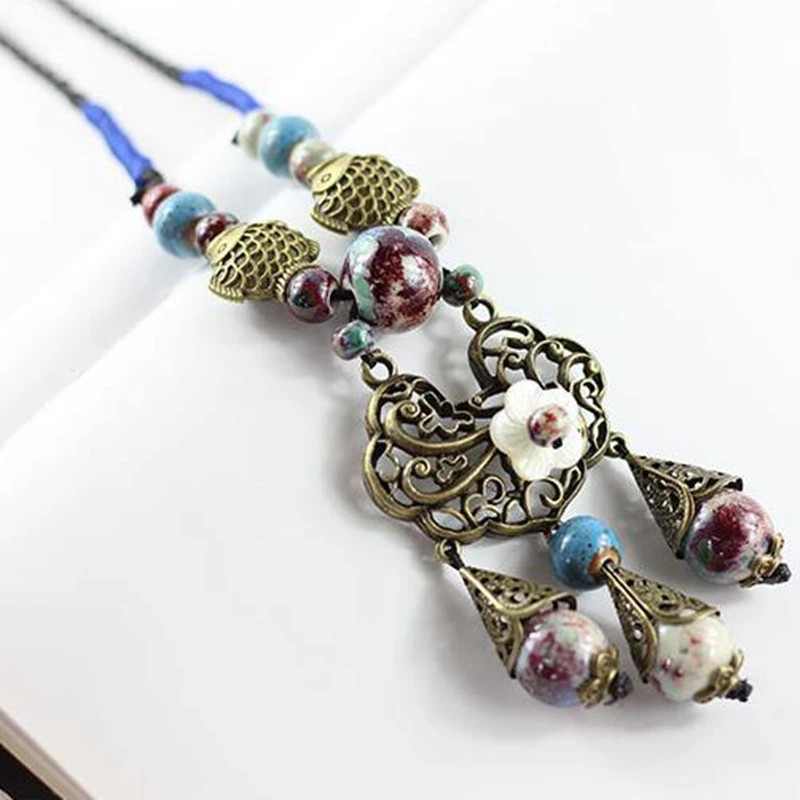 

Retro Fashion Ceramic Beads Tassel Necklaces Pendant Jewelry For Women Ethnic Style Long Sweater Chain Necklace