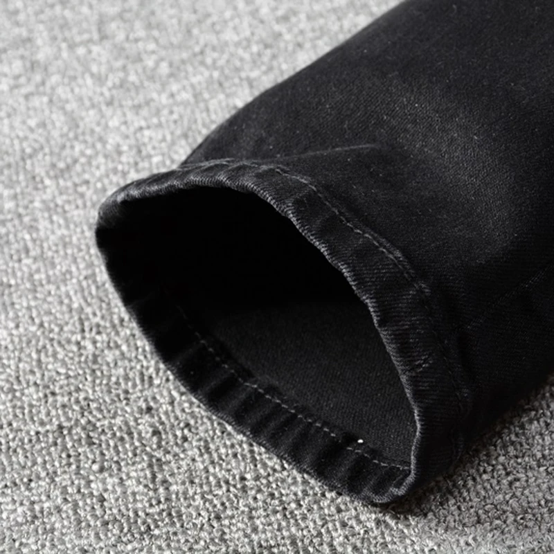 

Men's Black Patchwork Pleated Biker Jeans Streetwear Holes Ripped Slim Skinny Stretch Denim Pants