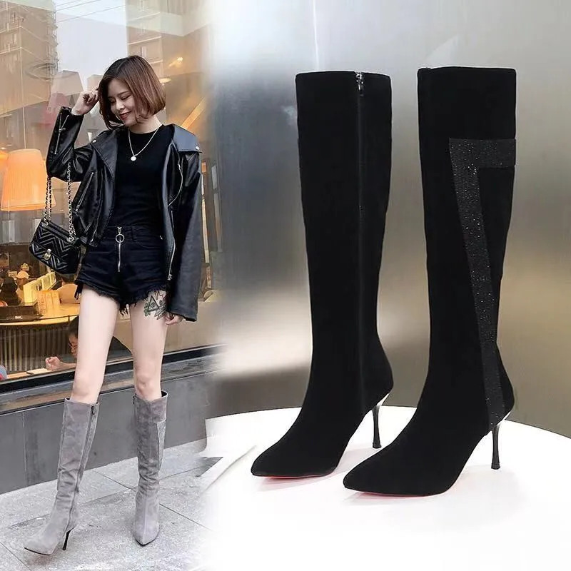 New Black Knee-High Boots Female Zipper Long Fenty Beauty High Heels Riding Women's Red Bottom botines mujer |
