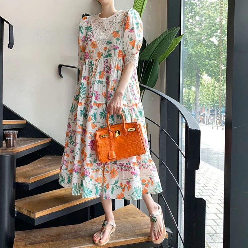 

Woman Dress Floral Loose Waist Dresses Half Sleeve O-neck Lace Casual Clothing Summer Korean Fashion Cute Sweet Girls