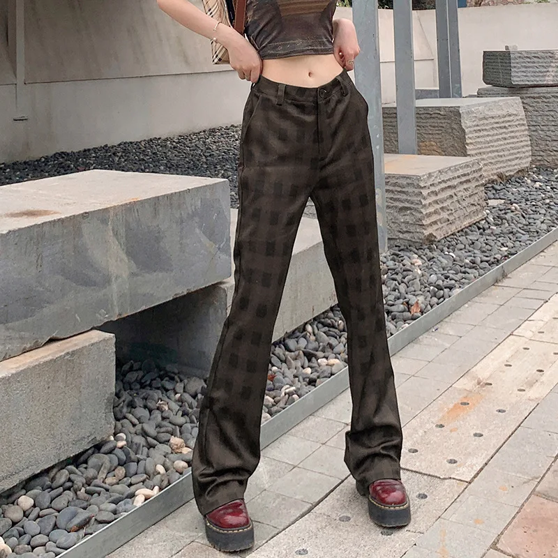 

Women Casual Retro Aesthetic Plaid Print Straight-leg Cargo Zipper Low Waist Vintage Korean Trousers Street Style Girl Pants