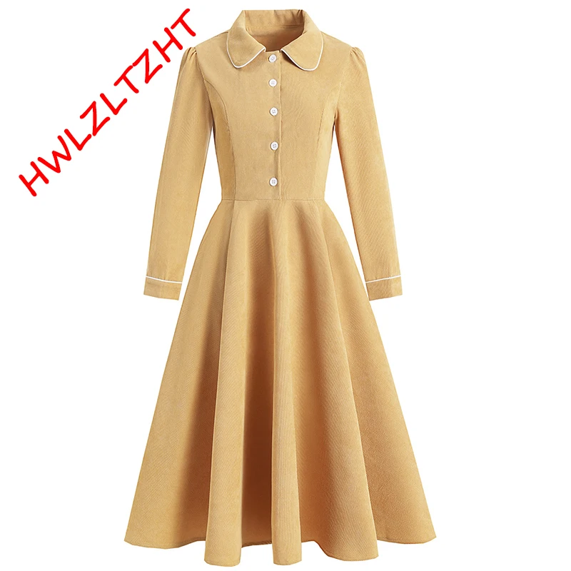 

2022 осеннее винтажное платье размера плюс, женское платье миди с высокой талией, вельветовые платья с длинным рукавом, офисные женские элега...